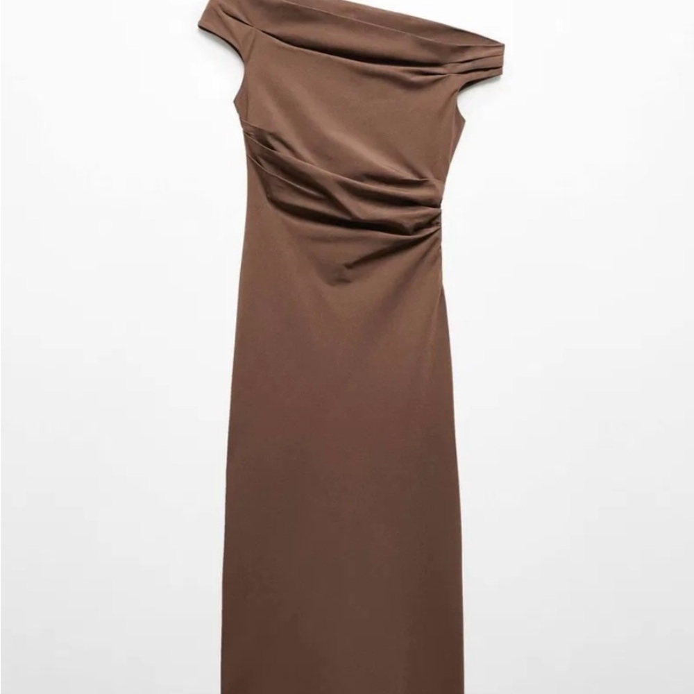 Mango One Shoulder Brown Dress